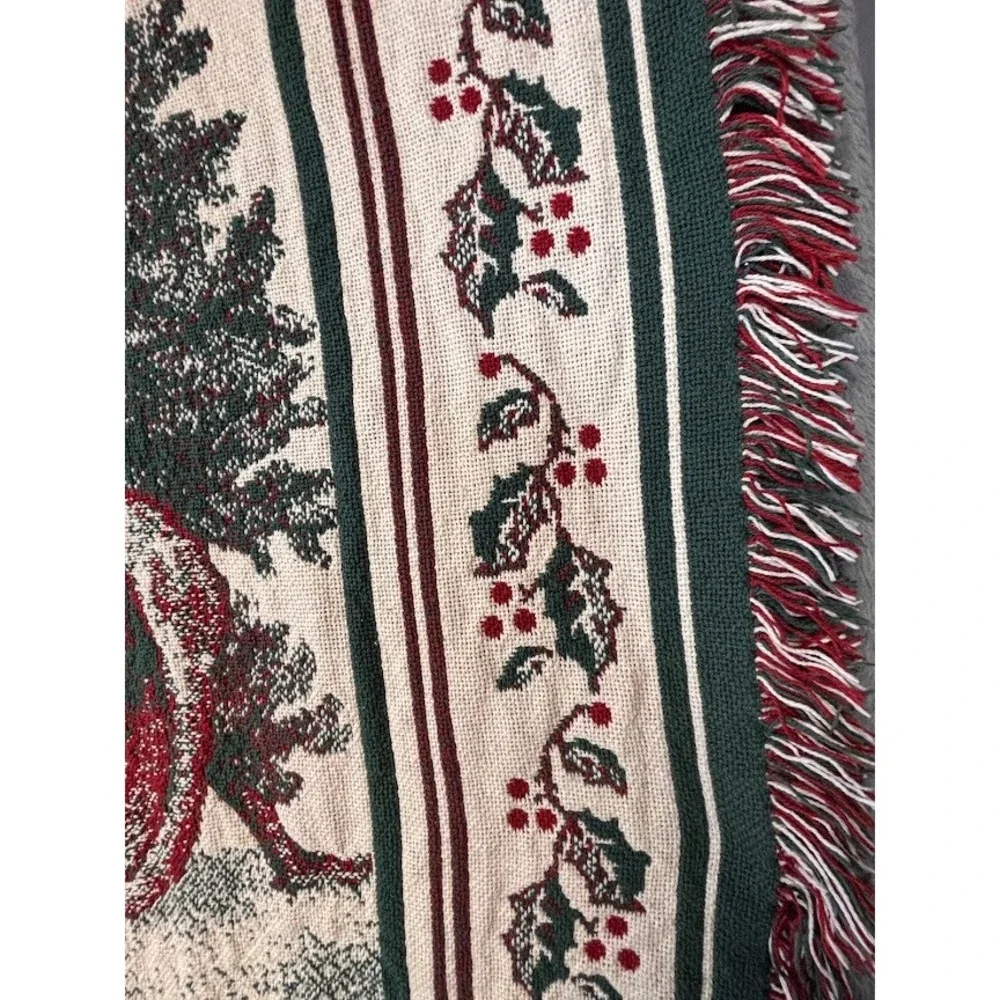 Vintage Style Old World Santa Claus Woven Tapestry Throw Blanket Holly Fringe